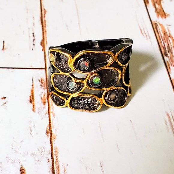 Artisan Opal Sterling & 14 kt Gold Ring - Picture 7 of 8